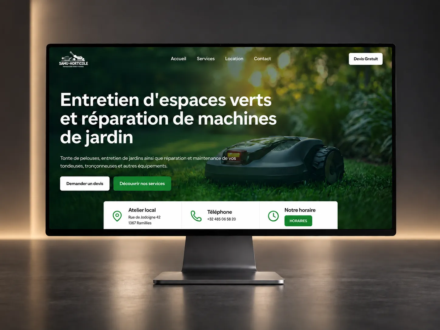 Site vitrine de Samu Horticole présentant ses services de jardinage et de réparation de machines de jardin